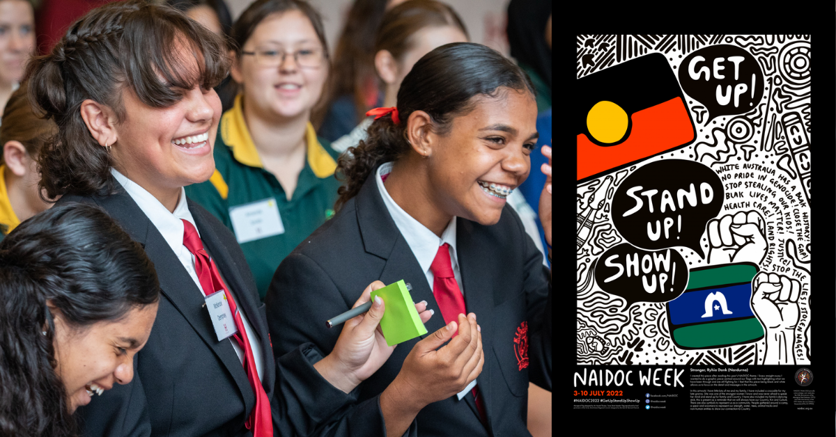 2022 NAIDOC poster with photos of three laughing indigenous scholarship recipients